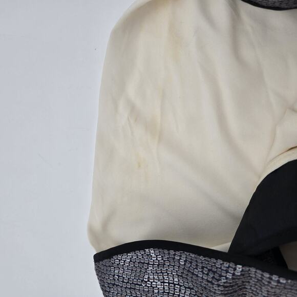 Lia Keys Top Womens Medium Black Cream Tank Silk Sequin New York Cowl Blouse - Picture 10 of 11